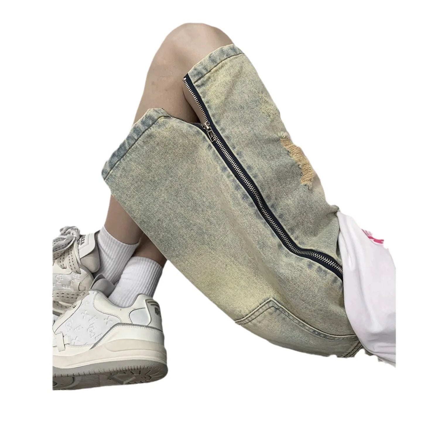 Men's blue denim shorts with retro yellow mud ripped detailing and button-front cardigan closure