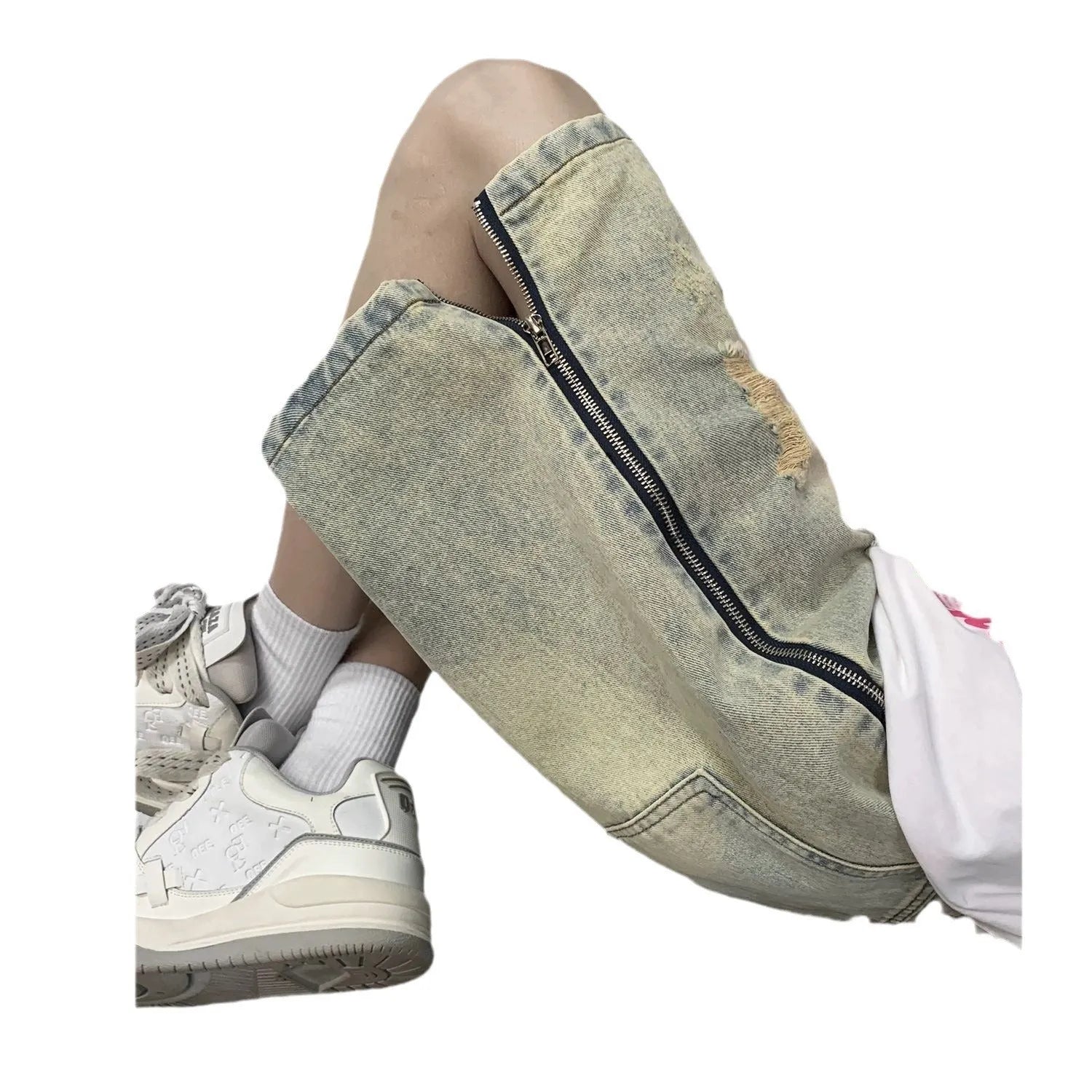 Men's blue denim shorts with retro yellow mud ripped detailing and button-front cardigan closure