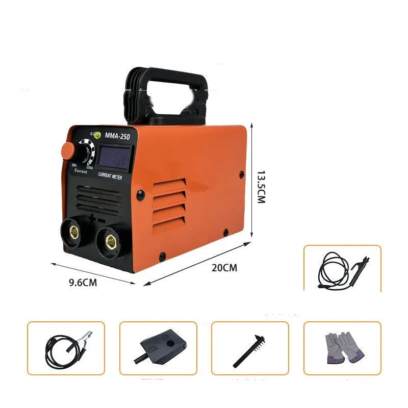 Portable MMA-250 welding machine with protective mask, gloves, and tools for household metalwork