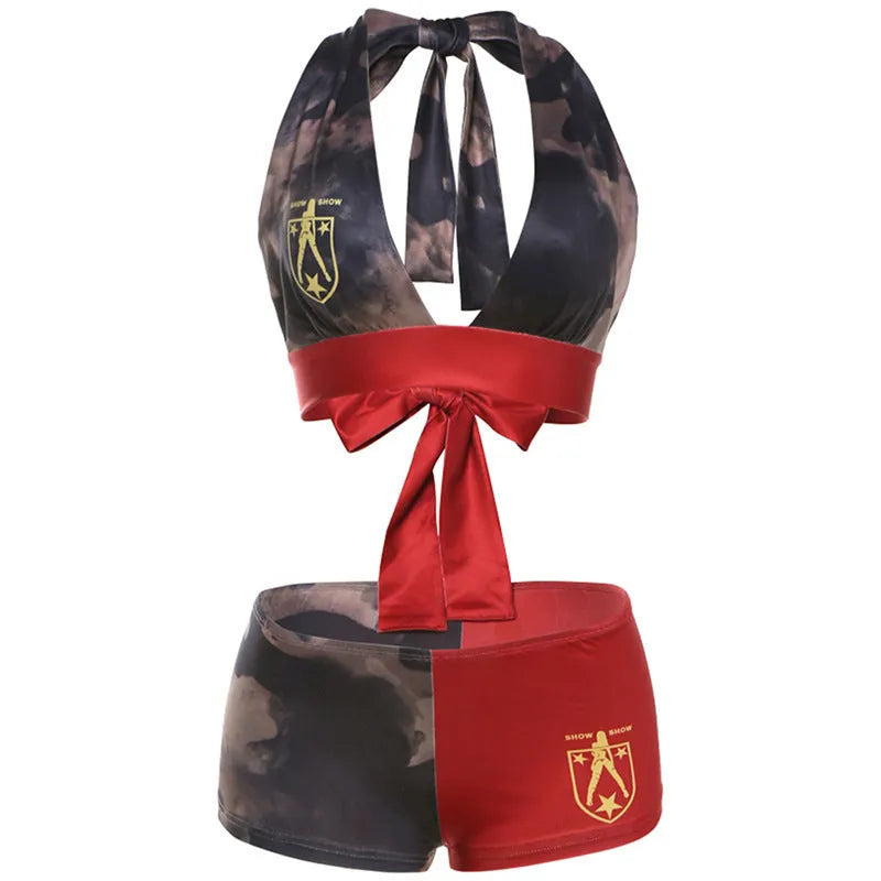Women's red high waist hip lift printed shorts bikini set with 3D pattern