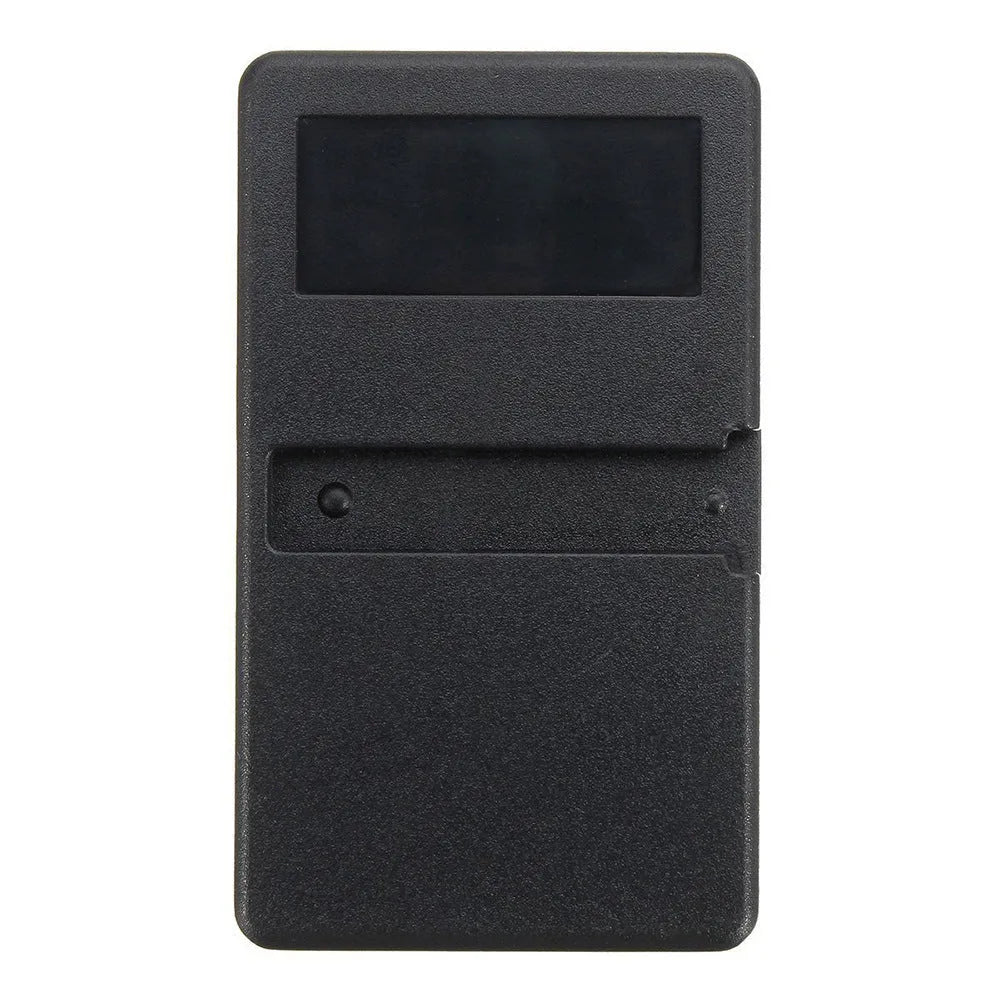 Black three-key garage door remote control with 390 MHz frequency and Rolling Code technology.