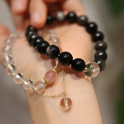 Women's white crystal cat eye obsidian bracelet with pink beads in Chinese geometric pattern