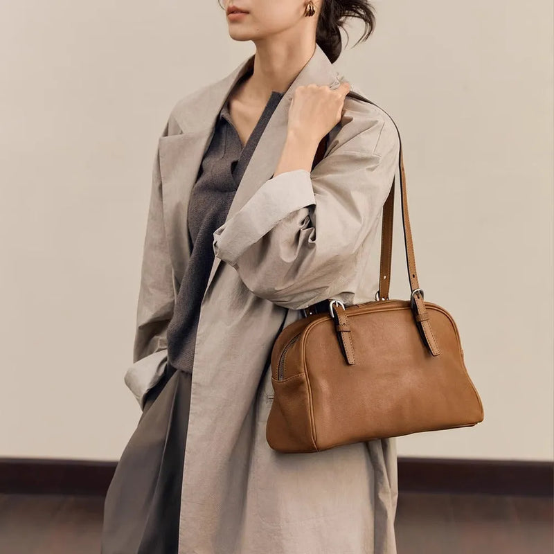 Women's retro casual genuine leather shoulder bag with double joint straps, horizontal square shape for daily matching, available in black brown elephant grey colours with medium-soft two-layer cowhide construction.