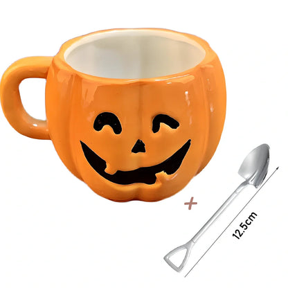 Ceramic Halloween pumpkin mug with cartoon face, 350ml capacity, 7.5cm diameter, includes matching spoon for seasonal drinks