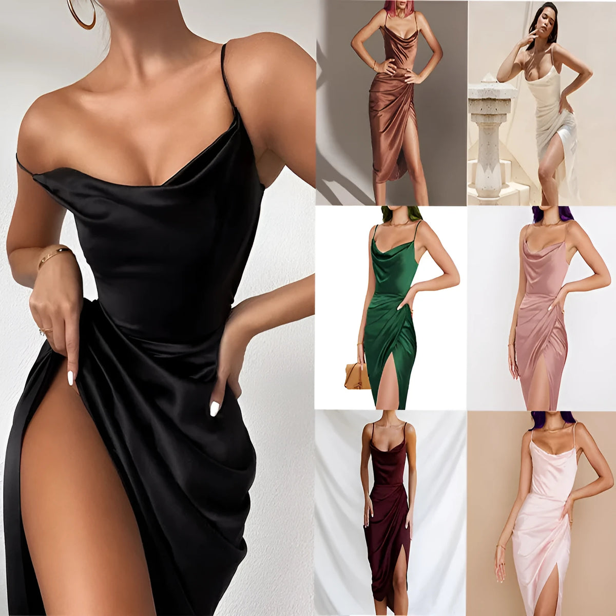 A high-waisted satin midi skirt with a side slit, shown in a solid colour.