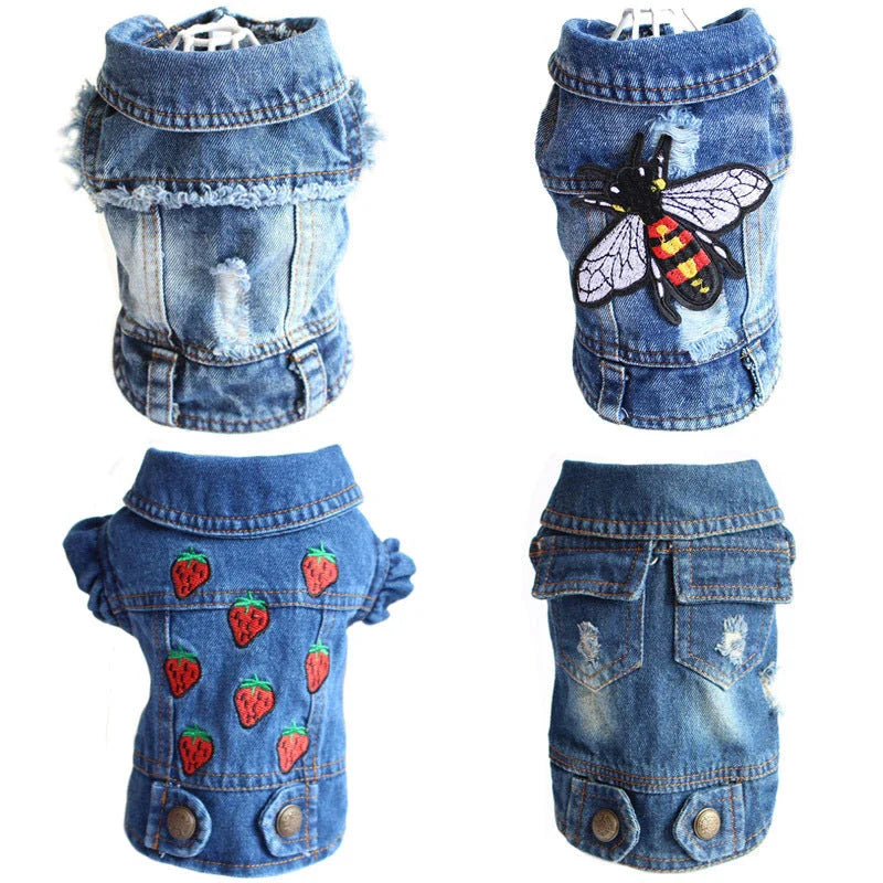 Stylish denim dog jacket with customizable color, pattern, and size options
