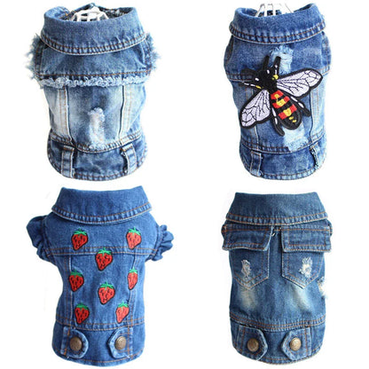 Stylish denim dog jacket with customizable color, pattern, and size options