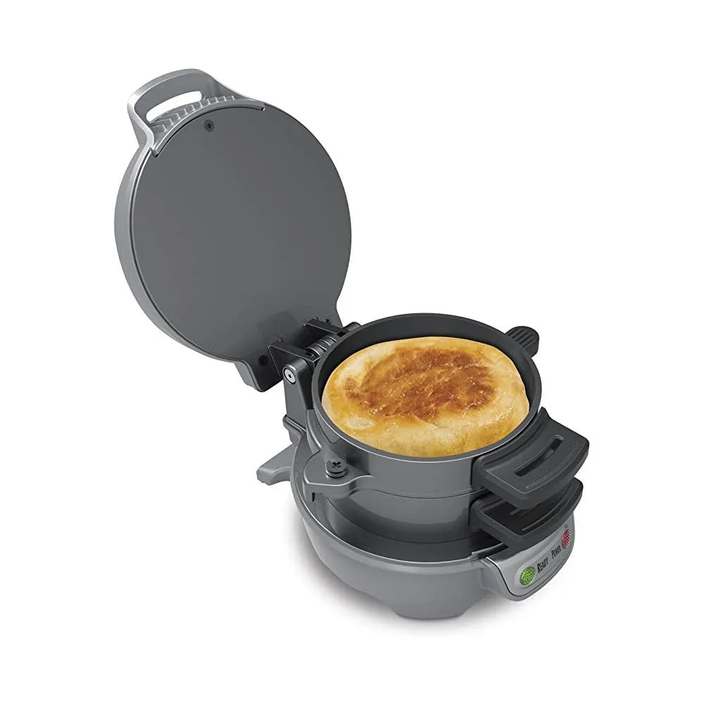 Household breakfast machine with sandwich maker and egg cooker ring in red, orange or silver grey