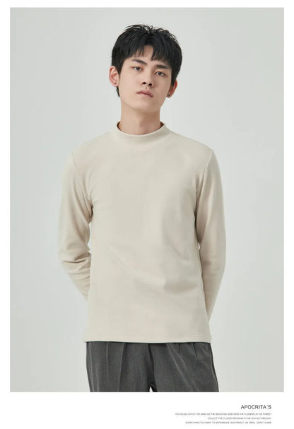 Men's brown half-high collar long sleeve t-shirt in Dralon fabric for autumn winter wear