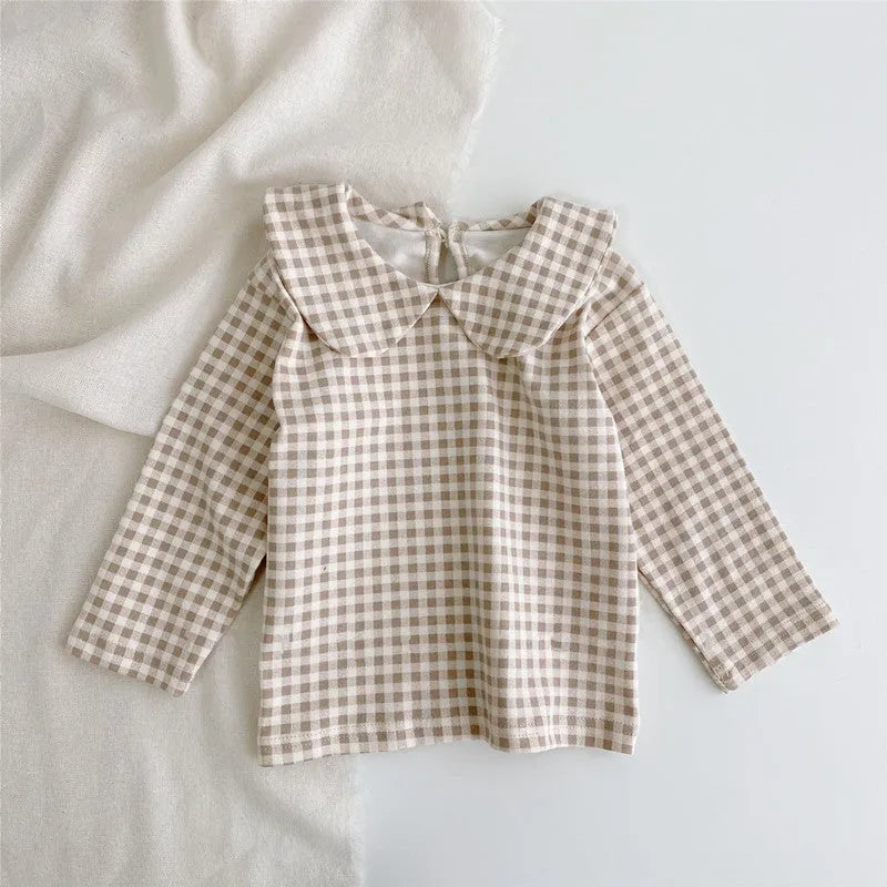 Baby girl long sleeve cotton top with lapel collar in plaid, Little Flower or white, sizes 66cm to 100cm