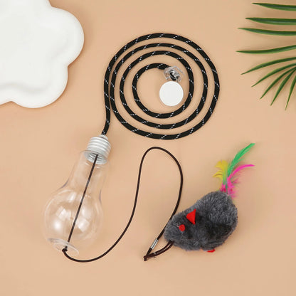 Interactive cat toy hanging from door frame with elastic rope, sound response system, and treat reward dispenser
