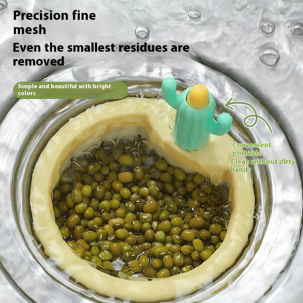 Green cactus-shaped PP sink filter basket with widened gasket on kitchen drain, 10cm height