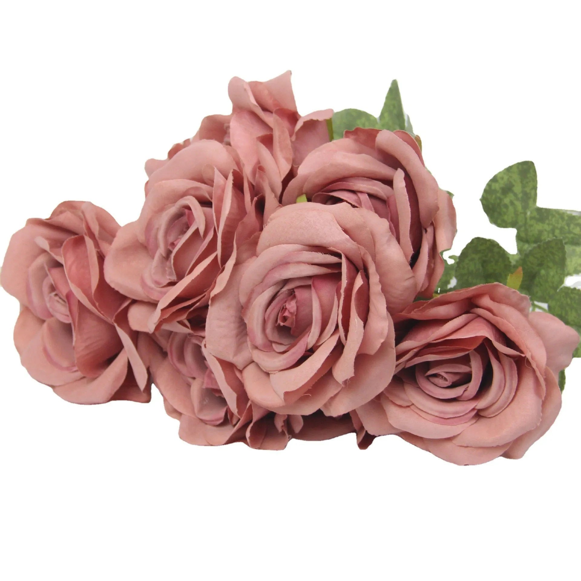 Artificial silk rose flower bouquet with ten rose heads, 53cm tall, in brown colour option.
