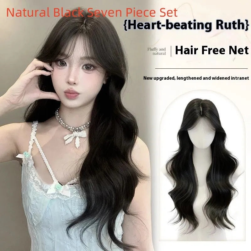 Natural black synthetic big wave curly wig with seven-piece accessory kit including styling tools