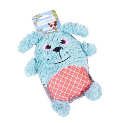 Blue, green, and pink stuffed plush dog toys with squeakers for bite-resistant chewing.
