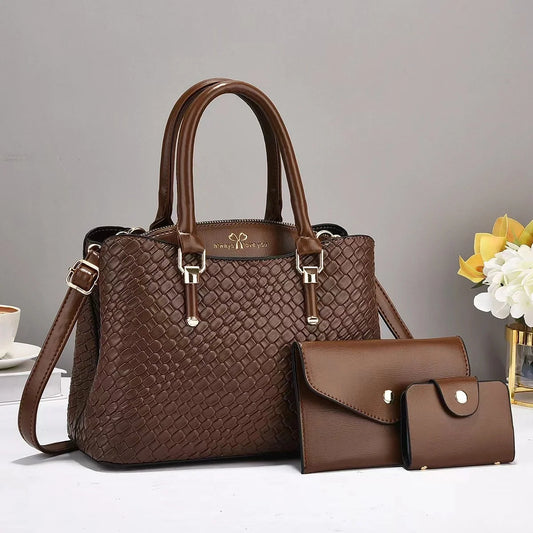 Retro woven three-piece shoulder bag set in various colours, showcasing large capacity and stylish design.