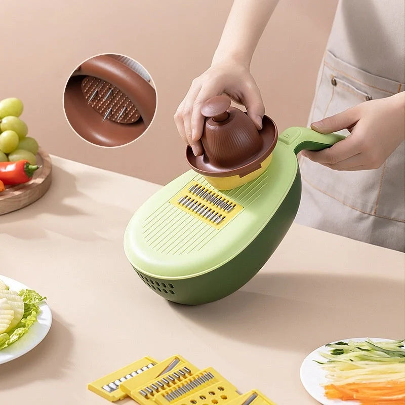 Stainless steel and PP vegetable grater with storage box in avocado green and mango yellow