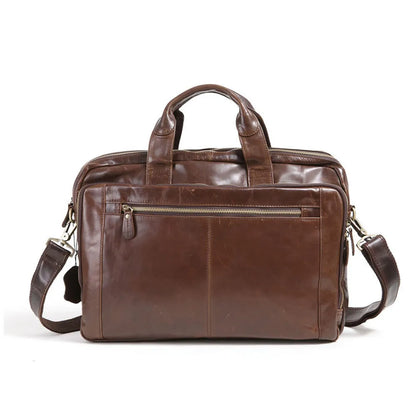 Brown men's leather briefcase with a textured pattern, shown with an open view of the polyester cotton lining.