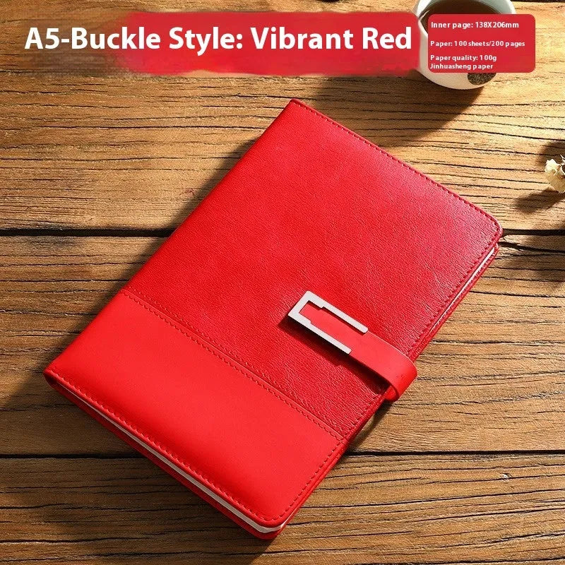A5 soft PU leather notebook in Business Brown colour, showing thick wood-free paper inside.