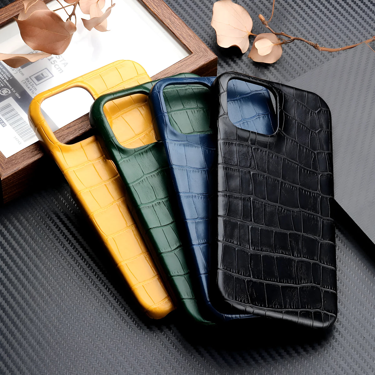 Leather grain oil edge iPhone cover in PC and PU leather, available in black, green, blue and yellow