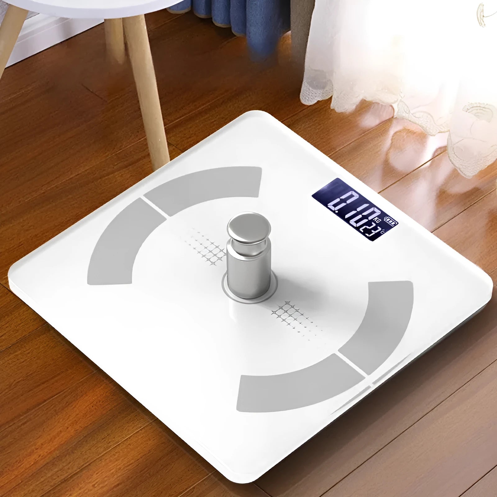 White smart Bluetooth body fat scale with LCD display on a bathroom floor, showing weight and body fat percentage.