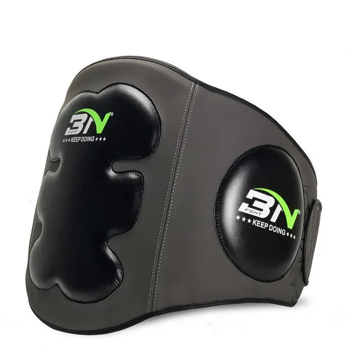 Sanda boxing breast protection target in dark grey showing waist and chest coverage for martial arts training