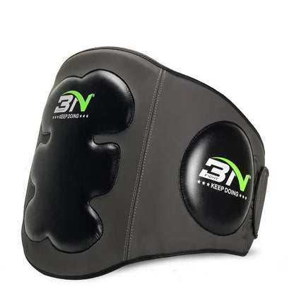 Sanda boxing breast protection target in dark grey showing waist and chest coverage for martial arts training