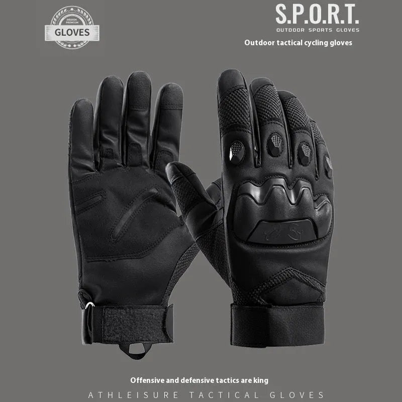 Men's black tactical gloves with touchscreen finger caps, shown in sizes M, L, XL for training use.