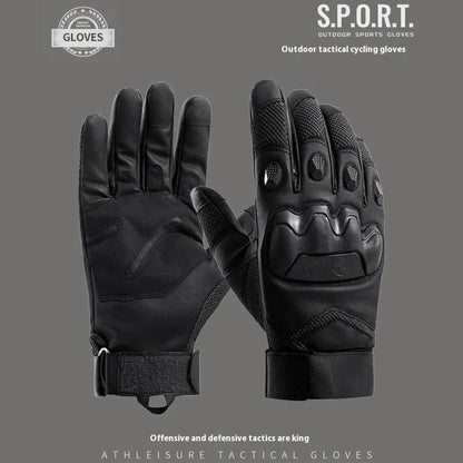 Men's black tactical gloves with touchscreen finger caps, shown in sizes M, L, XL for training use.