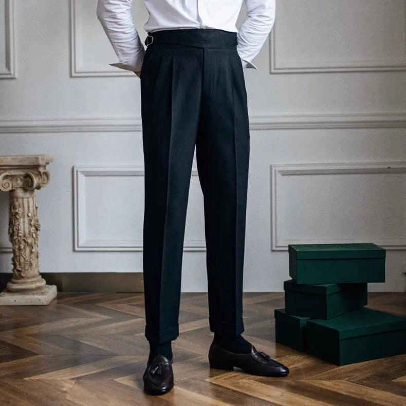 Men's high waist straight leg casual trousers in black, shown laid flat.
