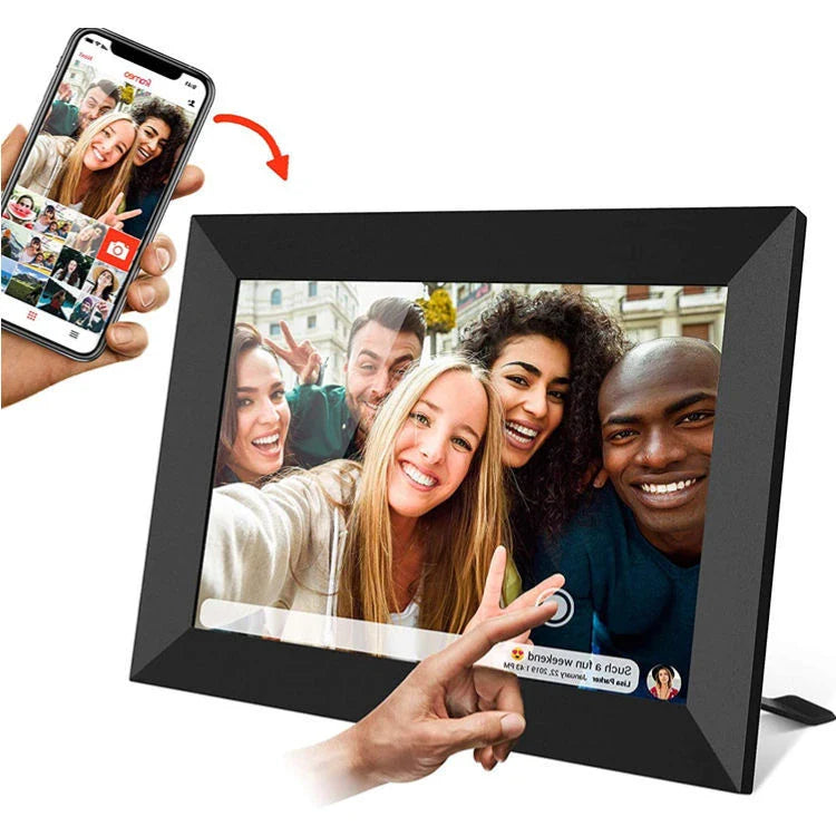 10-inch smart WiFi digital photo frame with rotatable display, allowing you to showcase your cherished memories in portrait or landscape orientation.