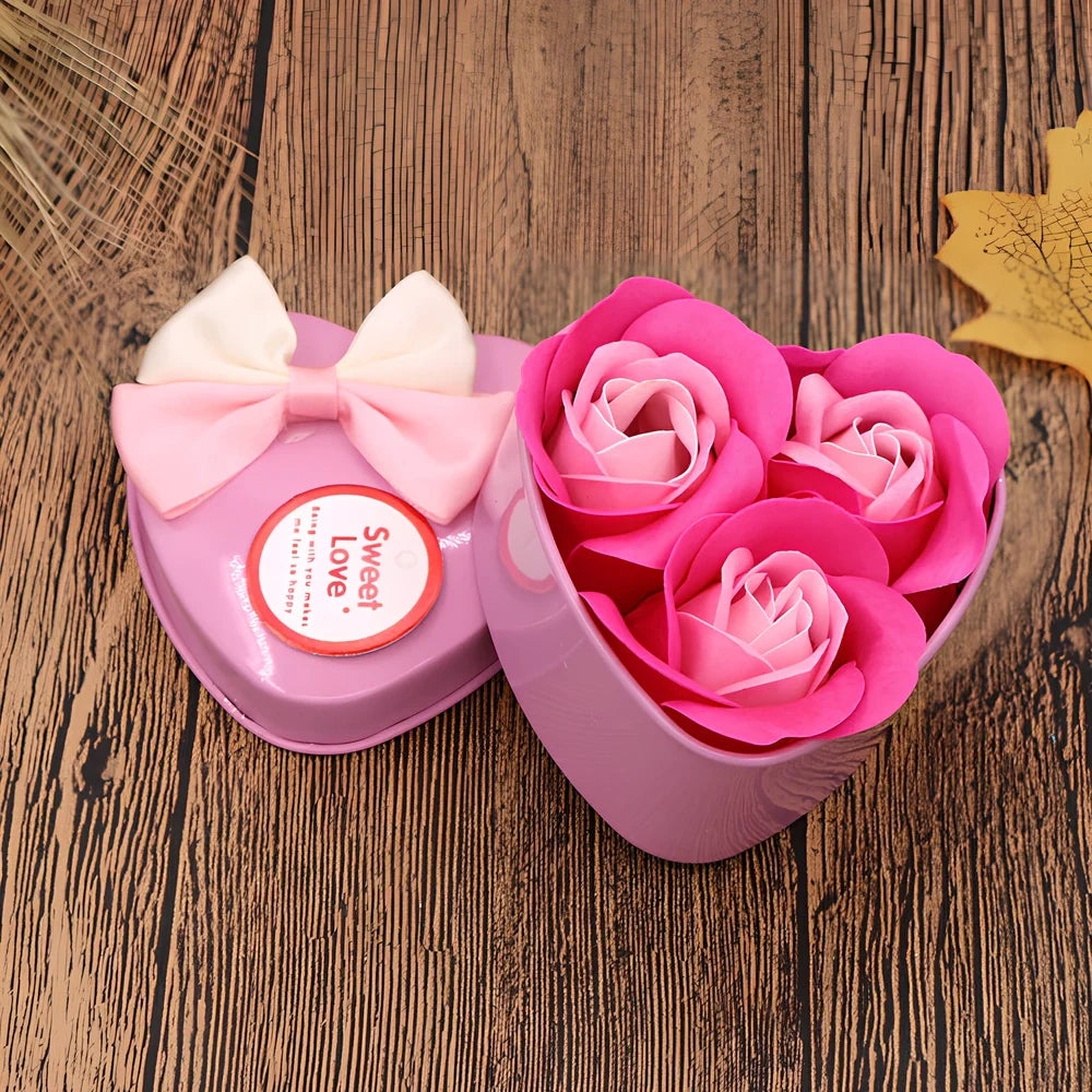 Handmade soap flowers in red heart-shaped tin box measuring 12x12x5cm