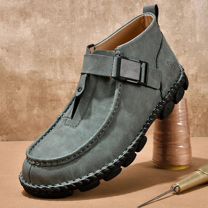 Handmade stitching casual flat slip-on shoes in black PU leather with low 1-3cm heel and shock absorption sole