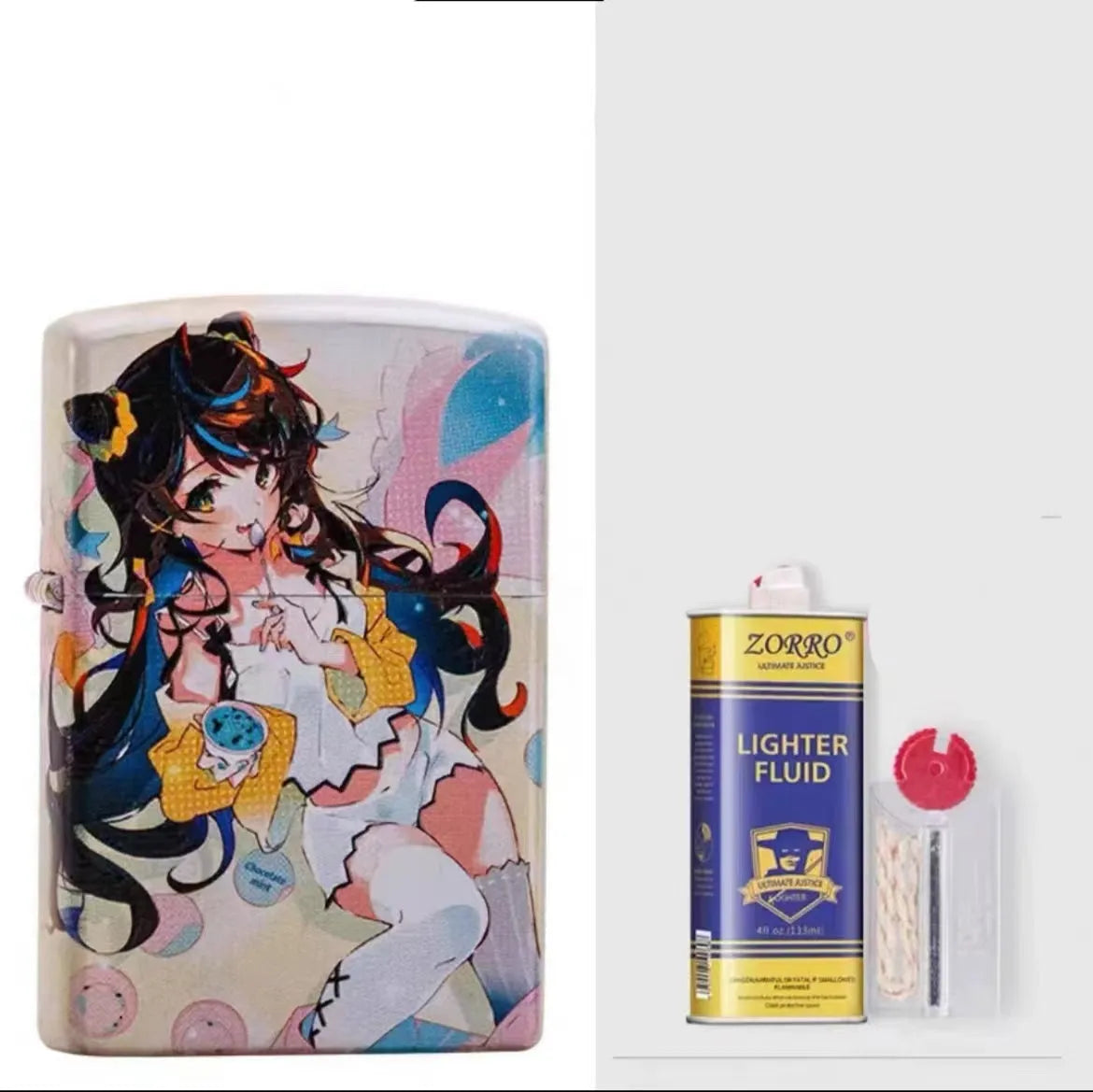 Windproof kerosene lighter with grinding wheel, pure copper case, shown with artistic design options.