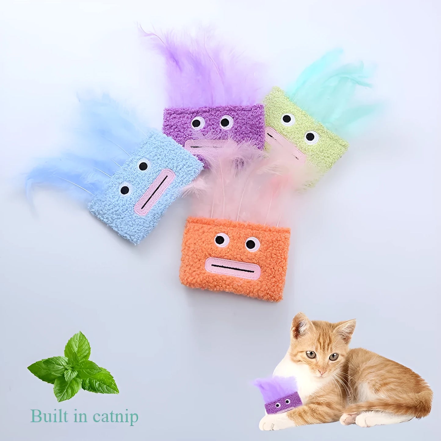 Colourful plush cat toy shaped like an explosion head with a large open mouth, shown in blue.