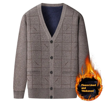 Men's dark grey batwing sleeve cardigan with wool lining shown on a hanger