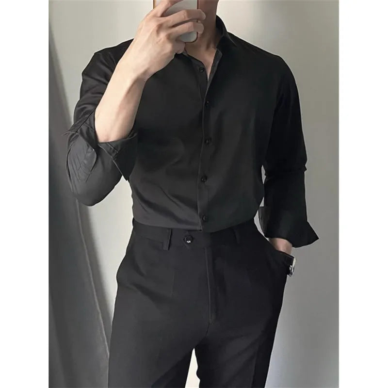Men's Korean-style slim fit casual shirt in chemical fibre blend fabric available in white black and dark grey