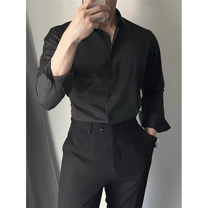 Men's Korean-style slim fit casual shirt in chemical fibre blend fabric available in white black and dark grey