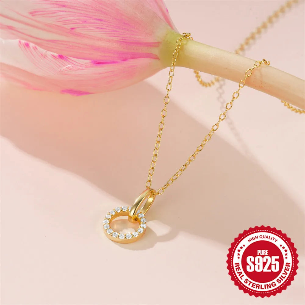 Gold colour sterling silver clavicle chain necklace with interlocking zircon pendant, adjustable 21-50cm length