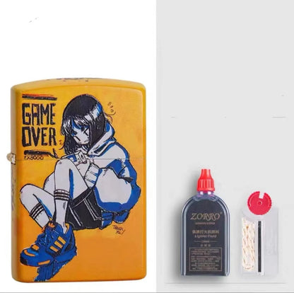 Windproof kerosene lighter with grinding wheel, pure copper case, shown with artistic design options.