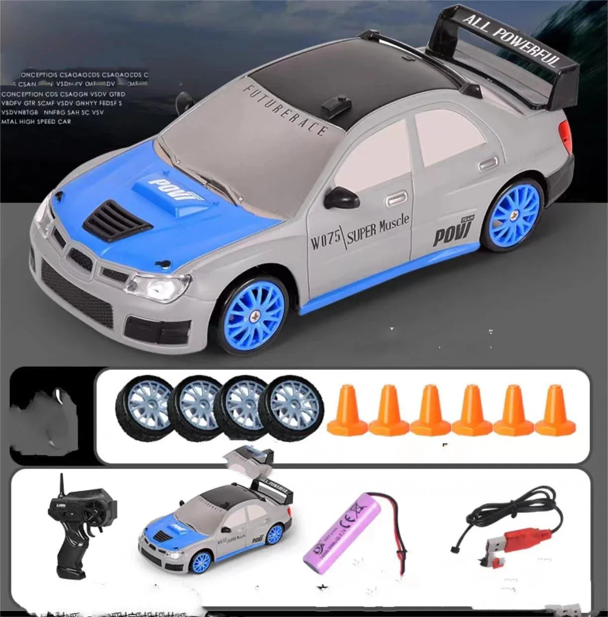 1:24 scale remote control drift car with powerful 4WD system, cool LED lights, and responsive 2.4 GHz remote for high-speed racing thrills