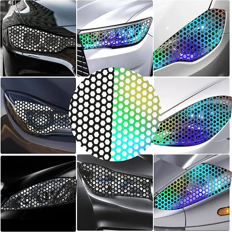 Set of black honeycomb-patterned car taillight decoration stickers showing size scale.