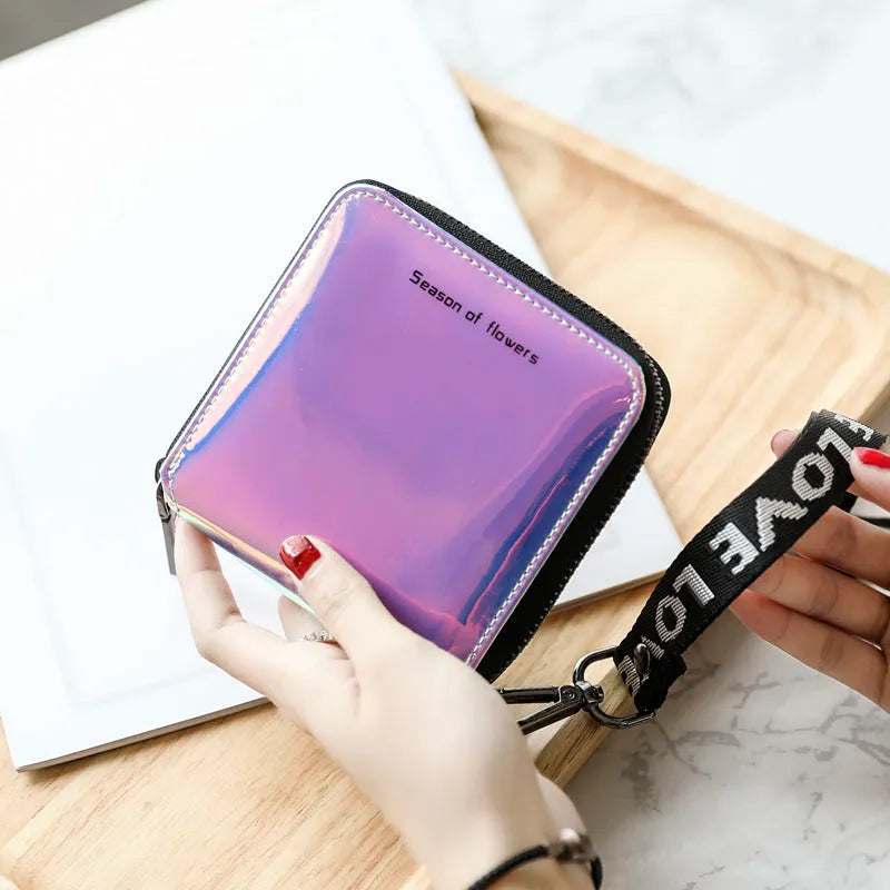 Short folding Korean-style women's wallet in PU leather showing three colour options: crystal blue, magic nail glitter, symphony green