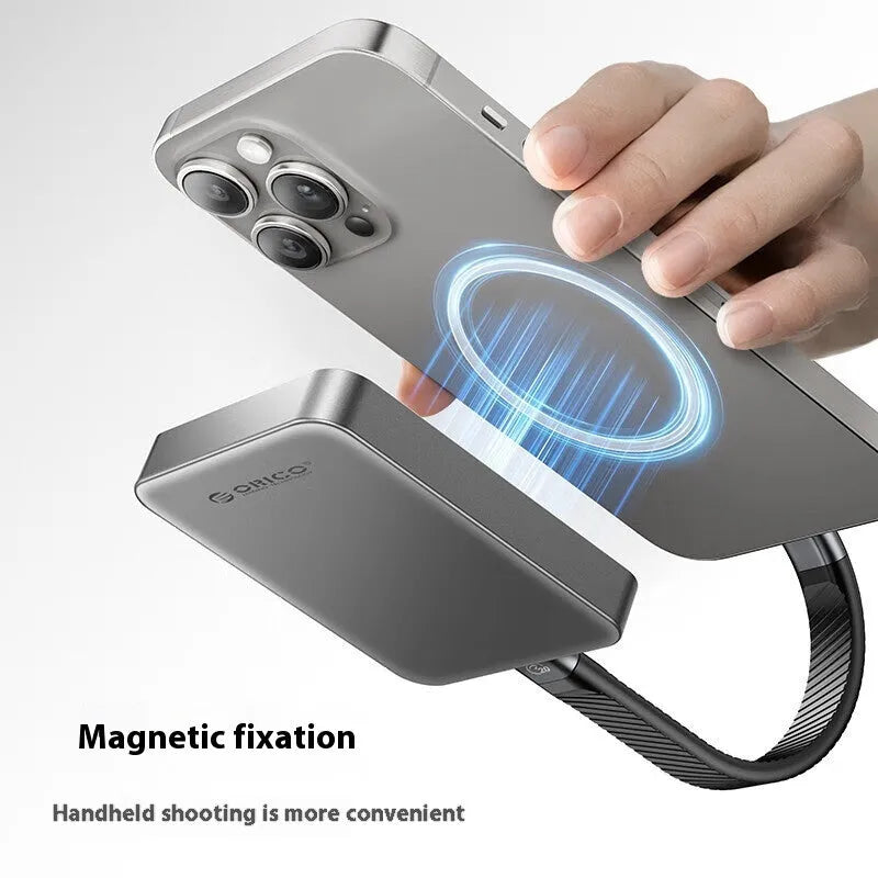 Grey ultra-thin Magnetic Mobile Solid State Drive with magnetic ring and USB C cable on a white background.