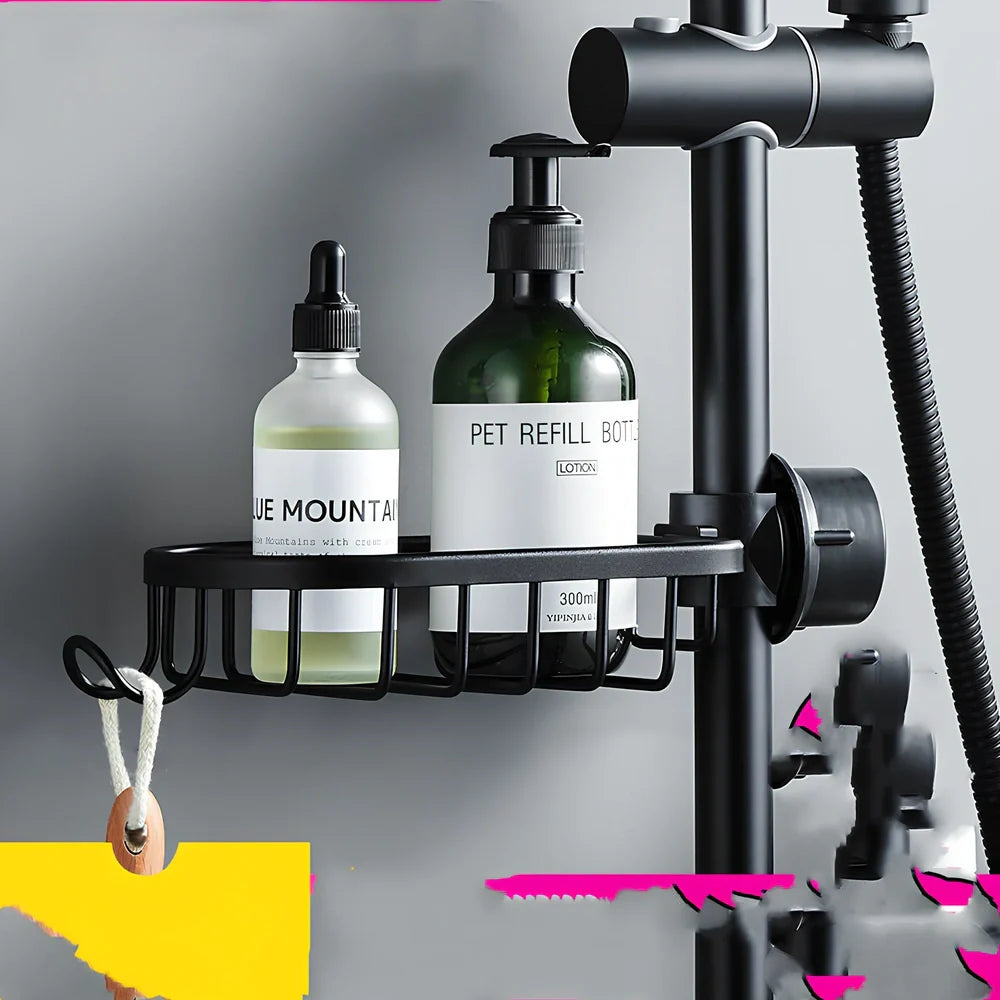 Elegant black aluminium shower storage rack, 12cm deep single shelf mounted on bathroom tile, holding shampoo bottles securely without drilling