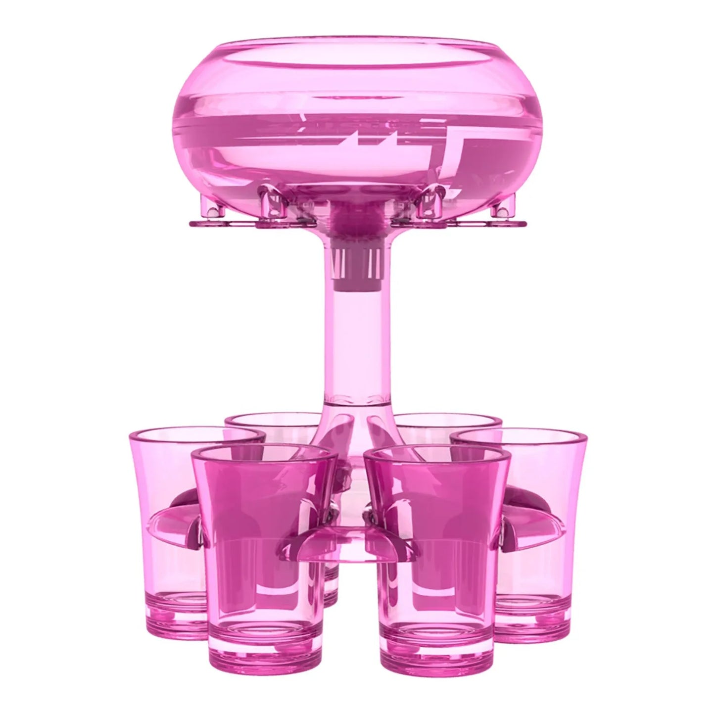 Transparent six-shot glass dispenser rack with individual covers on a wooden bar