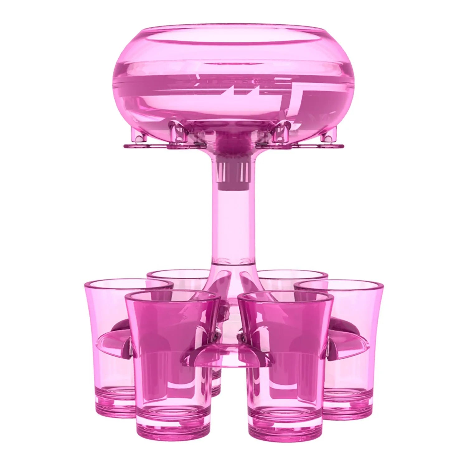 Transparent six-shot glass dispenser rack with individual covers on a wooden bar