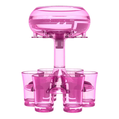 Transparent six-shot glass dispenser rack with individual covers on a wooden bar