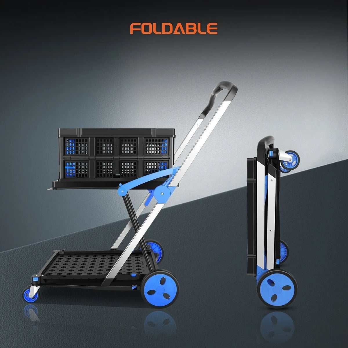 Blue foldable shopping cart with two plastic baskets, shown in an open position.