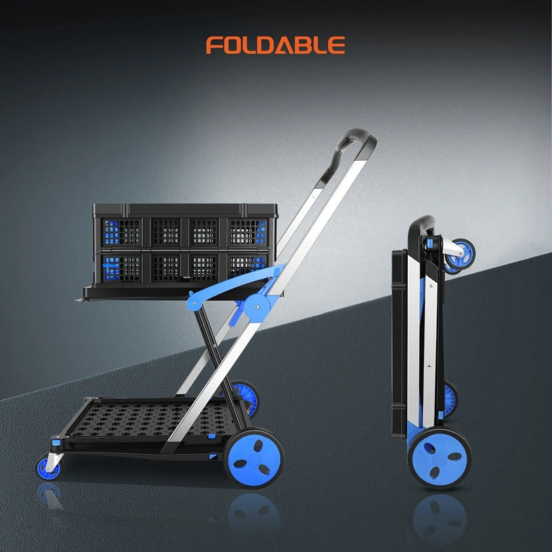 Foldable multi-function shopping cart with double-layer baskets in blue, purple, pink, or red for supermarket shopping and household grocery transport